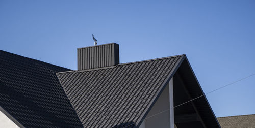 Low angle view of modern building against clear blue sky