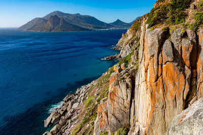 Scenic view of sea and mountains against blue sky