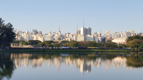 Reflection of buildings in calm water