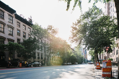 Road amidst trees against sky in city