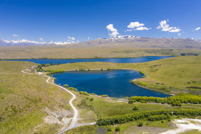 Scenic view of landscape and lake against sky