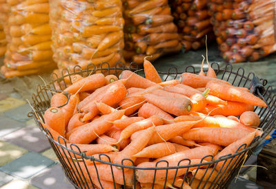 Basket with young fresh carrot prepared for sale. freshly harvested carrots. harvesting organic 