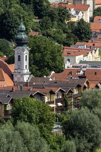 High angle view of trees and buildings in city