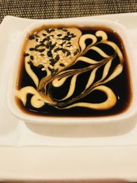 High angle view of dessert in plate on table