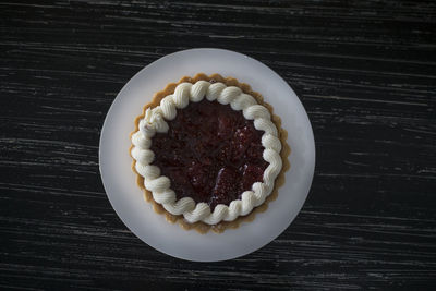 High angle view of cake in plate on table