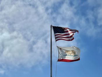 Low angle view of flags against sky