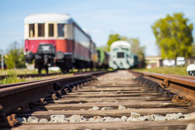Train on railroad track against sky