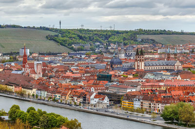 High angle view of river amidst buildings in city