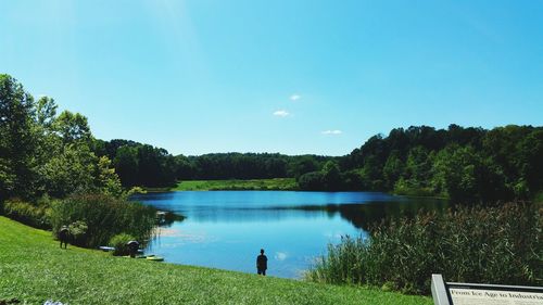 Scenic view of lake against clear blue sky