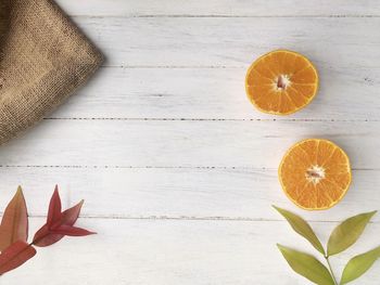 High angle view of orange slices on table