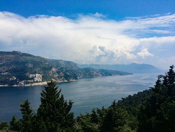 Scenic view of mountains against cloudy sky