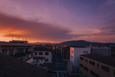 High angle view of townscape against sky at sunset