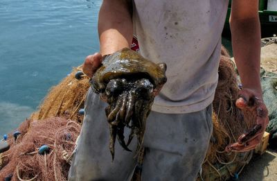 Midsection of fisherman holding cuttlefish in boat