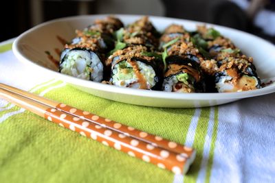 High angle view of sushi in plate on table