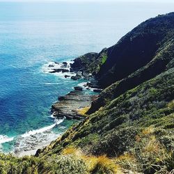 High angle view of sea by cliff