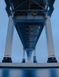 Low angle view of suspension bridge crossing bay in port of yokohama, japan showing visible girders.