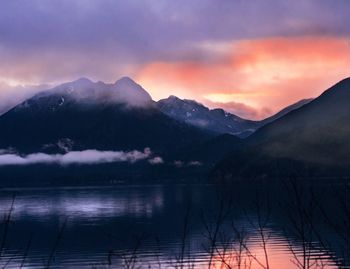 Scenic view of lake against sky during sunset