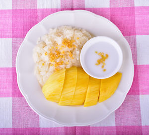 High angle view of breakfast served on table