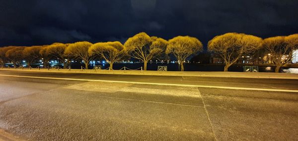 Illuminated road by trees in city at night
