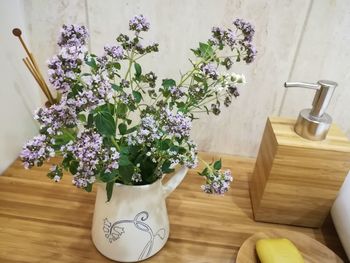 High angle view of vase on table