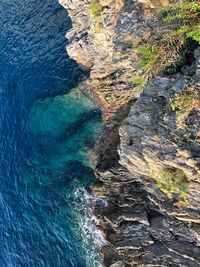 High angle view of rock formation in sea