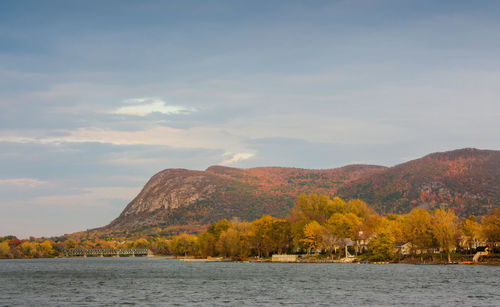 Scenic view of river and mountains against sky