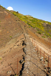 Low angle view of radar dome on mountain against clear blue sky