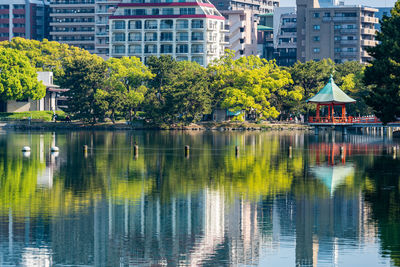 Reflection of trees and buildings in lake