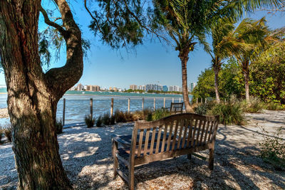 Bench view of sarasota bay with a calm, tranquil waterfront view in sarasota, florida