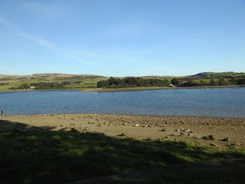 Scenic view of lake against blue sky