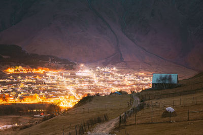 High angle view of city at sunset