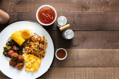 Directly above shot of breakfast served on table