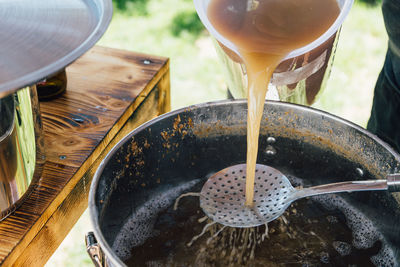 High angle view of drink in glass on table