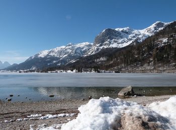 Scenic view of lake by mountains against sky during winter