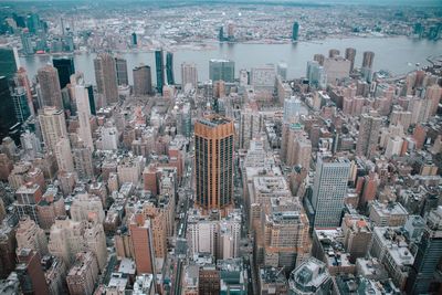 High angle view of modern buildings in city