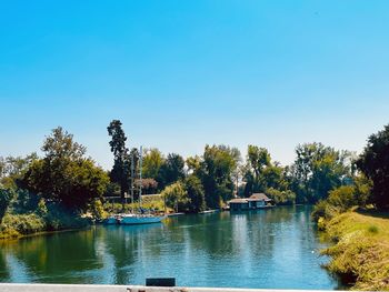 Scenic view of lake against clear blue sky