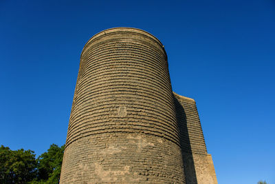 Low angle view of building against clear blue sky