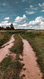 Dirt road amidst field against sky