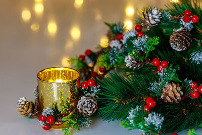 Close-up of christmas decorations on table
