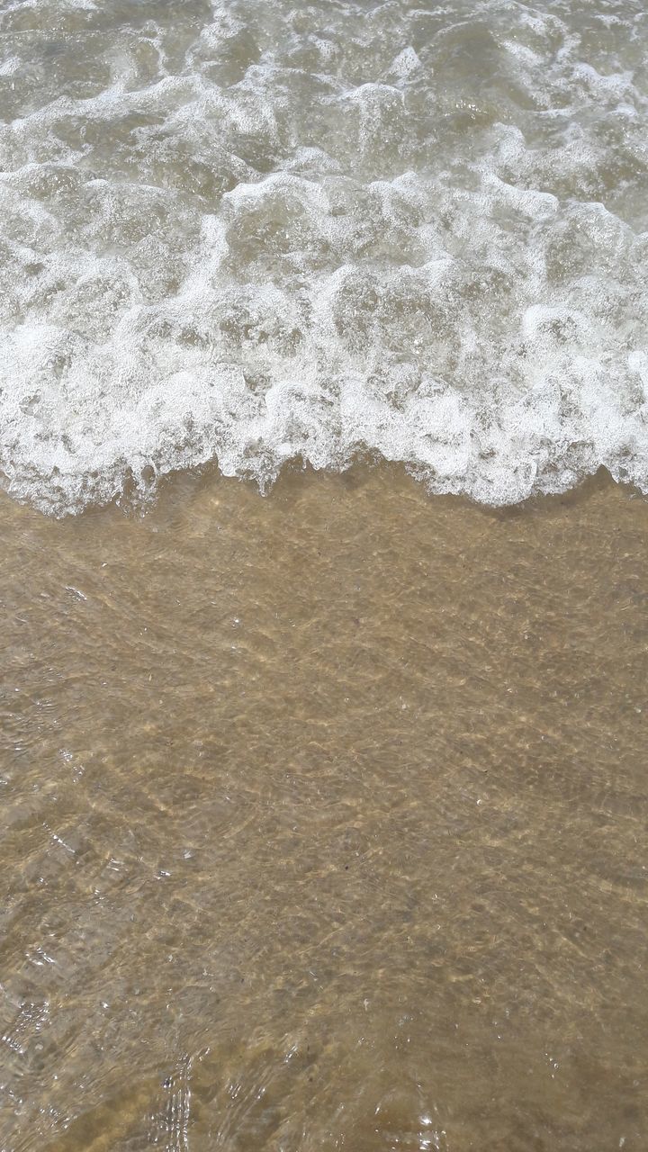 HIGH ANGLE VIEW OF WAVES RUSHING ON SHORE