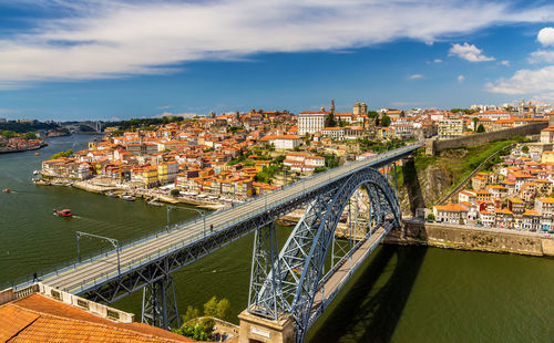 High angle view of bridge over river amidst buildings in city