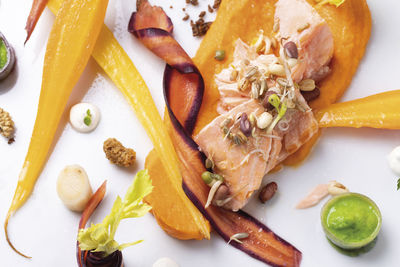 High angle view of meal served on table