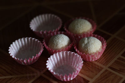 High angle view of cupcakes on table