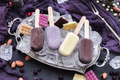 High angle view of ice cream in tray