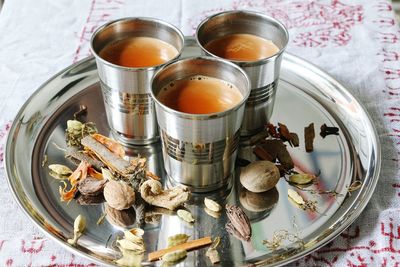 Close-up of herbal tea with spices in plate