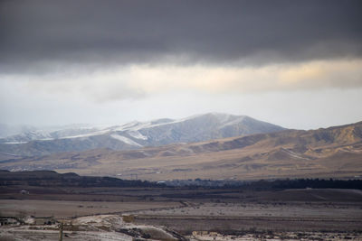 Mountain range winter landscape and view in georgia, cloudy weather