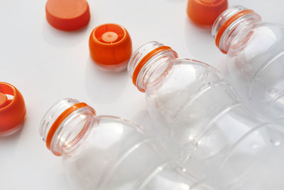 High angle view of bottles on table