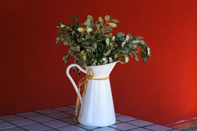 Close-up of white flower vase against red wall