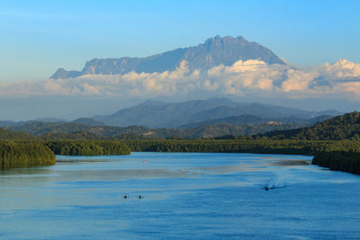 Scenic view of lake and mountains against sky