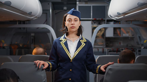 Portrait of young woman standing in train